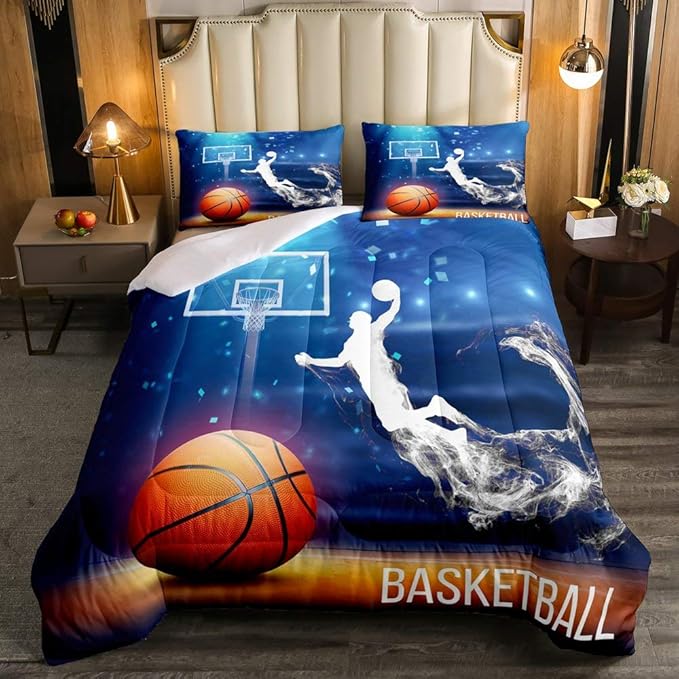 Erosebridal Boys Basketball Comforter Set Full Size Basketball Player Quilted Duvet Competitive Sports Game Bedding Set for Kids Teens Man Arena Tie Dye Duvet Set, Blue Room Decorative