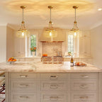 WUZUPS Chandelier Rustic Farmhouse Industrial Round Ceiling Pendant LED Light Fixture with Clear Glass Shades for Dining Room Kitchen Island Foyer Entryway, H 17" x W 13.4", E26 Base, Gold