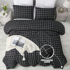 Andency Black Grid Comforter Set Queen Size (90x90 Inch), 3 Pieces(1 Grid Comforter and 2 Pillowcases), Summer Lightweight Microfiber Down Alternative Black Comforter with White Lines