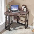 VECELO Corner Computer Desk Writing Smooth Keyboard Tray & Storage Shelves,Compact Home Office Triangle Table, Rustic Natural Brown