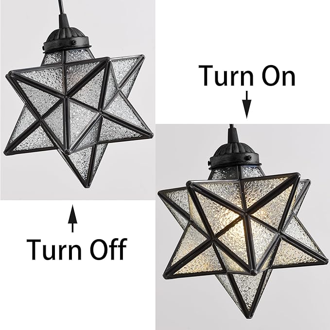 Modern Farmhouse Glam Chandelier Dining Room Glass Star Pendants Light Fixture Kitchen Island LED Ceiling Hanging Lights Included Warm Light Bulbs Black