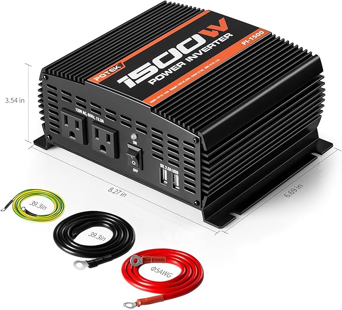 POTEK 1500W Power Inverter Dual AC Outlets 12V DC to 110 V AC Car Inverter