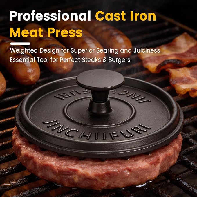 Cast Iron Skillet Set 10 Inch Pre-Seasoned Frying Pan with Burger Press | 8 Inch Grooved Smash Burger Press for Bacon, Heavy Duty Grill Pan for Gas Stove, Oven, BBQ and Campfire