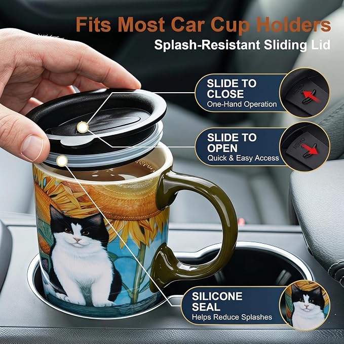 Topadorn 17oz Ceramic Travel Mug with Lid, Sunflower & Cat Coffee Mug | Coffee Mug with Handle, Cat & Sunflower Design, Spill-Resistant Lid, Microwave & Dishwasher Safe, Gift Box Included