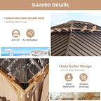 MELLCOM 10' x 12' Hardtop Gazebo, Wooden Finish Coated Aluminum Frame Gazebo with Galvanized Steel Double Roof, Outdoor Permanent Metal Pavilion with Curtains and Nettings for Patio, Lawn & Garden