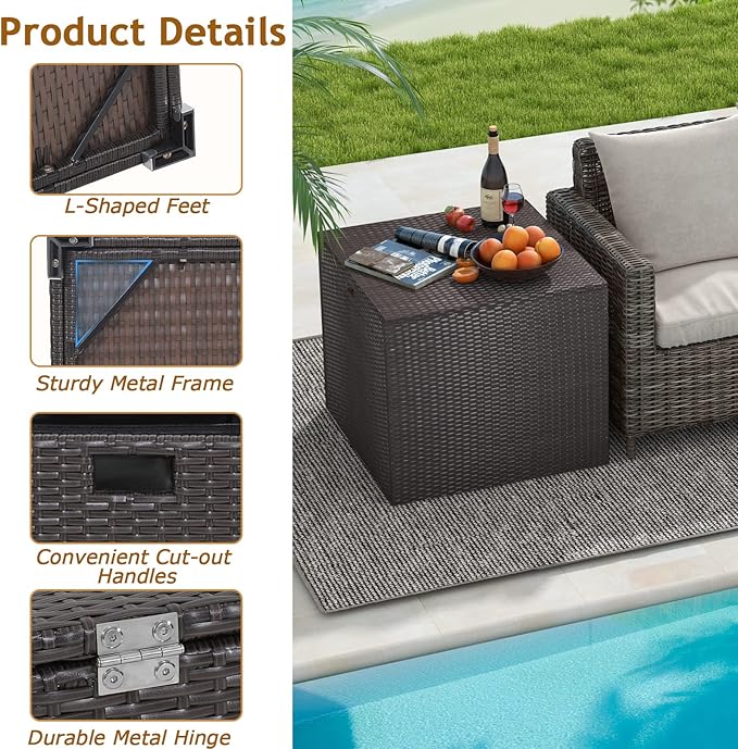 Tangkula 72 Gallon Square Deck Box, Patio Mix Brown Rattan Storage Container w/Zippered Liner & Solid Pneumatic Rod, Sturdy L-Shaped Aluminum Feet, Outdoor Wicker Deck Box for Front Porch, Backyard