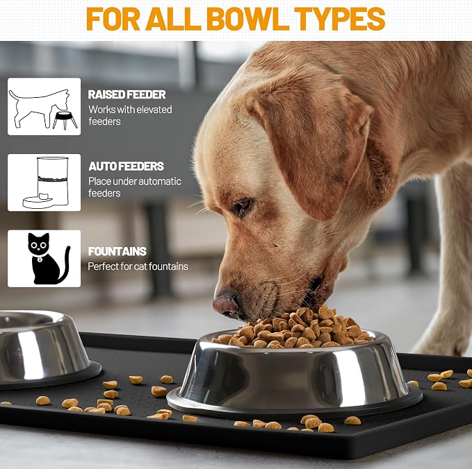 Hubulk Dog Feeding Mat,100% Waterproof Food Grade Silicone Pet Food and Water Bowl Placemat,Dishwasher, High Raised Edge to Prevent Spills,Nonslip Tray to Stop Messes on Floor (24"x16"x0.5", Black)