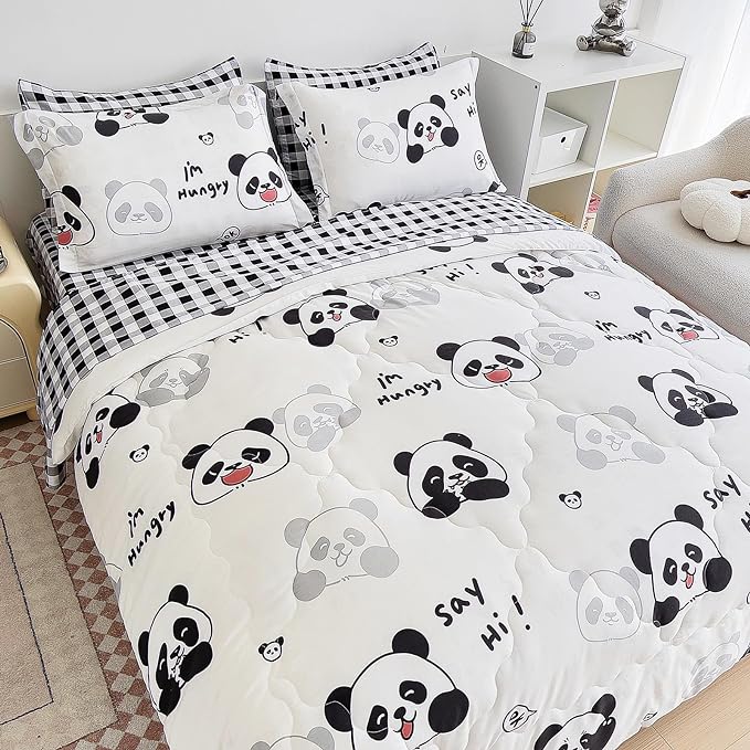 7 Piece Kids Panda Comforter Set Twin Size - Black White Cute Panda Bedding Set Bed in A Bag for Girls Boys Teens - Soft Comfortable Machine Washable Bed Set
