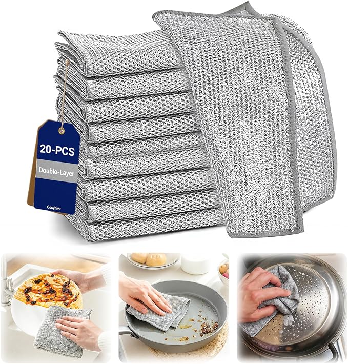 Non-Scratch Wire Dish Cloth, 20PCS Double Layer Multipurpose Wire Dishwashing Rags for Wet and Dry, Dish Cloths for Washing Dishes, Stovetops, Kitchen Countertops with Ease