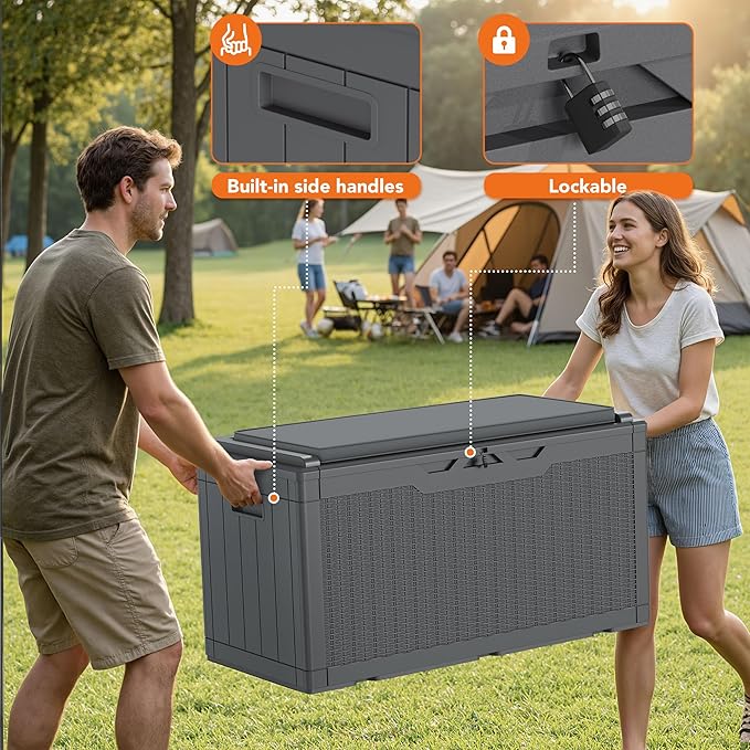 110 Gallon Deck Box Outdoor Indoor Waterproof Storage Box for Patio Furniture, Pool Accessories, Garden Tools, and Cushion Storage, Gray