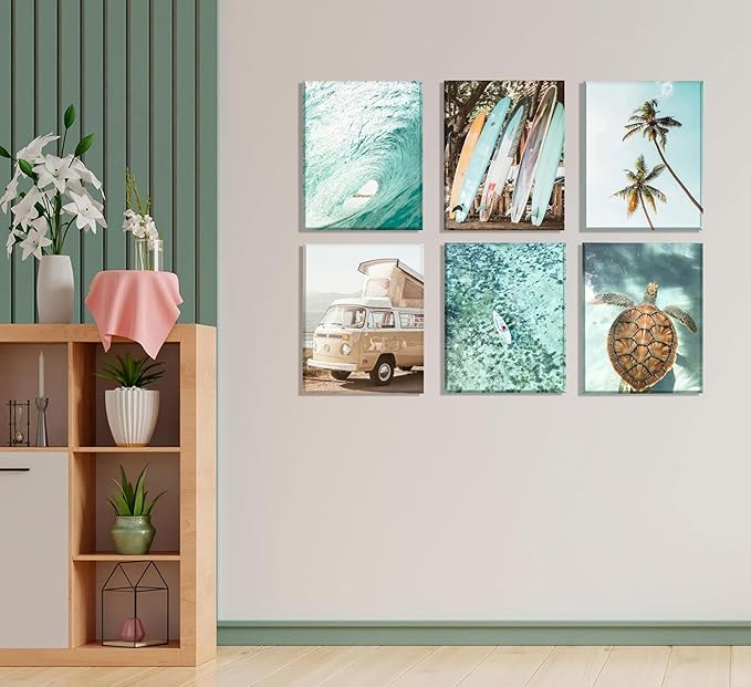 Set of 6 Tropical Beach Canvas Wall Art Surf Poster Summer Ocean Coastal Pictures Turtle Print Palm Tree Surfboard Gallery Paintings Nautical Bus Wall Decor for Bedroom Bathroom Framed