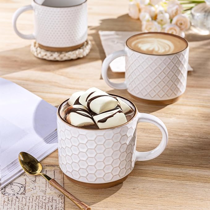 GBhome 12 OZ Stackable Coffee Mugs Set of 4, Ceramic White Coffee Cups Set | Coffee Mugs With Stand, Dishwasher&Microwave Safe, 4 Assorted Designs