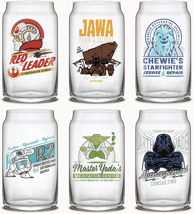 JoyJolt Star Wars Retro Vintage Collection 16.9oz Glass Tumblers - Featuring Darth Vader, R2D2, Yoda, Chewbacca, Red Leader, Jawa - Original Trilogy Drinkware, Set of 6 with Glass Straws