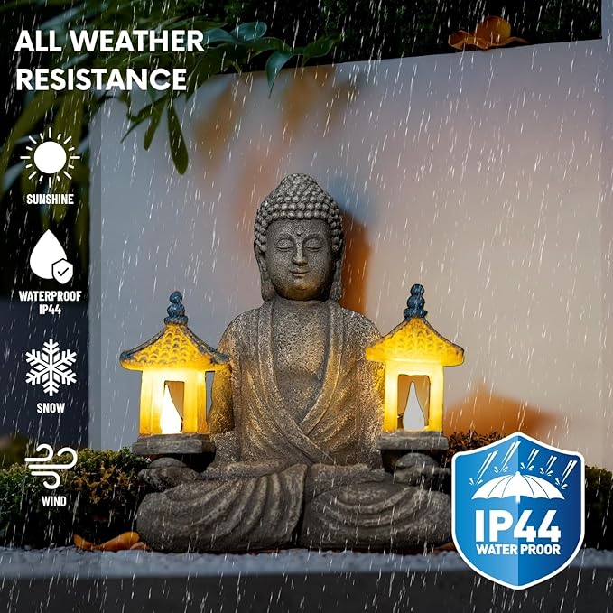 Meditating Buddha Statue with Solar Lights, Zen Garden Decor for Home, Patio, Yard, Outdoor – Unique Gift for Women and Friends(Two Pavilions)