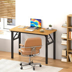 DlandHome 31.5 Inch Small Folding Computer Desk for Home Office, Teak Black | Foldable Writing Table for Small Spaces Bedroom, No Assembly Required, Wood Top Metal Frame, Collapsible Compact Easy Storage