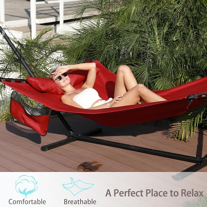 TegerDeger 12FT 2 Person Hammock Large Hammock 450LB Capacity Hardwood Spreader Bar & Nylon Rope for Outside, Patio, Garden, Backyard, Beach, Poolside - Red