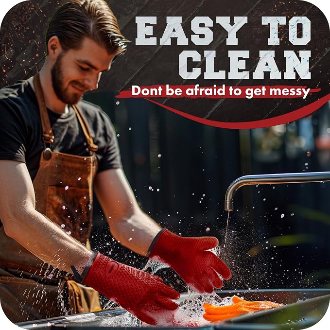 KITCHEN PERFECTION Silicone Smoker BBQ Gloves - Heat Resistant Oven Mitts | Waterproof, 5-Finger Design For A Better Grip, for Pitmasters, Meat Smoking, Grilling, Cooking, Frying Turkey | Grill Gift