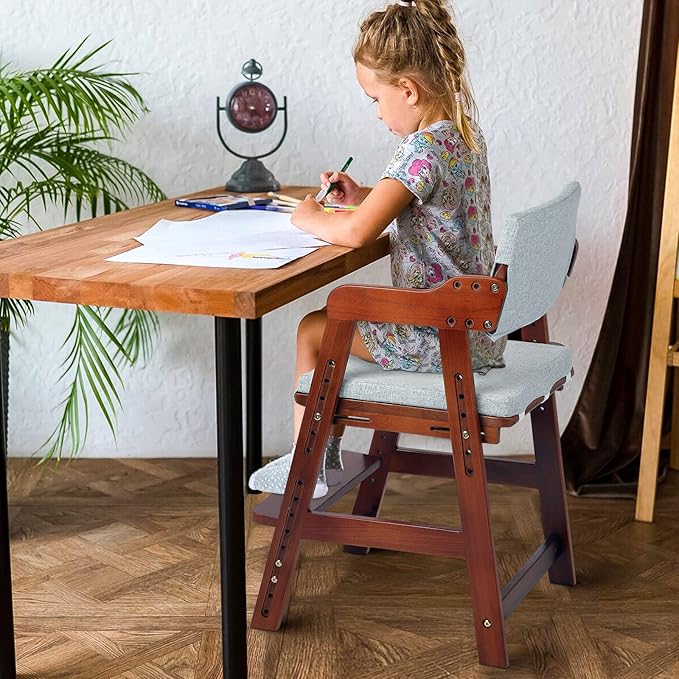Ezebaby Wooden High Chair for Toddlers to Teens, Adjustable Kids Study Chair with Steps, Kids Dining Chair with Removable Cushion (Nut-Brown)