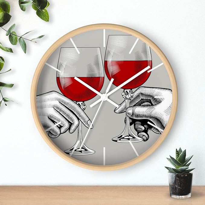 Mozingo ~ Wine Clock for Kitchen Bar Wall It's Wine O'clock Silent Time Gift Home Decor Made In USA, 10" (Hour Marks - Lines, Clock Frame Color - Natural Wood, Wine Theme #04)
