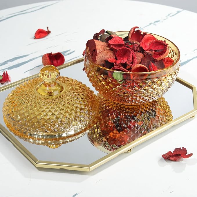 Joeyan 12 oz Small Amber Glass Jars with Lid,Embossed Glass Candy Dishes,Diamond Faceted Food Container,Decorative Jewelry Box Apothecary Canisters,Colored Kitchen Bathroom Buffet Storage Organizer