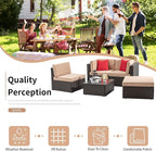 Shintenchi 5 Pieces Patio Furniture Sets Outdoor All-Weather Sectional Patio Sofa Set PE Rattan Manual Weaving Wicker Patio Conversation Set with Glass Table&Ottoman Cushion and Red Pillows