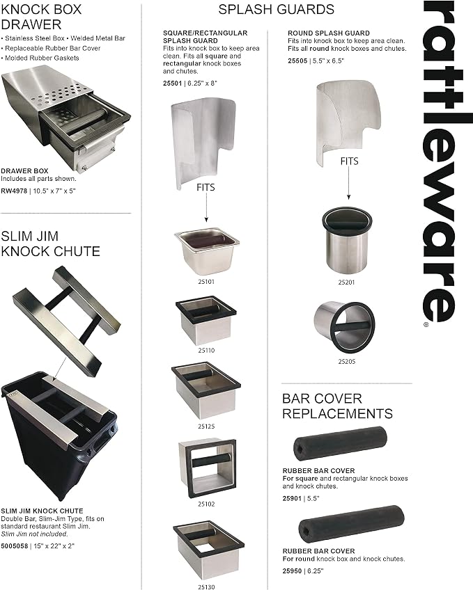 Rattleware Open Bottom Stainless Steel Knock Box Chute with Rubber Bar