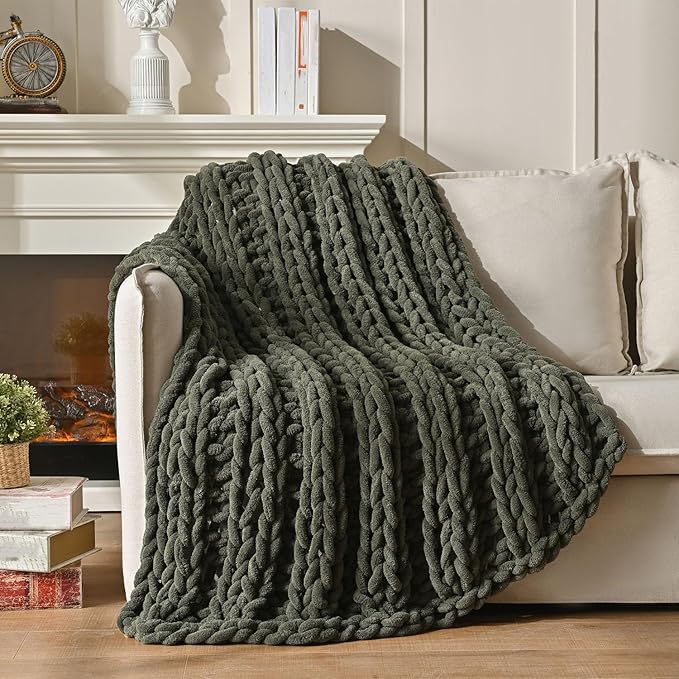 Esterra Chunky Knit Blanket Throw, 100% Handmade Chenille Throw Blanket 40"x50", Soft Thick Yarn Cable Knit Crochet Throw Blanket Rope Knot Throw for Couch Bed Sofa, Dusty Olive