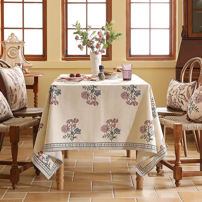 ISAENNE Designer Linen Light Beige Extra Long Table Cloth Rectangle,French Colorful Floral Tablecloth,Stain Resistant Decor Tablecloths for Dining Thanksgiving Kitchen,63"*110"-Helena E