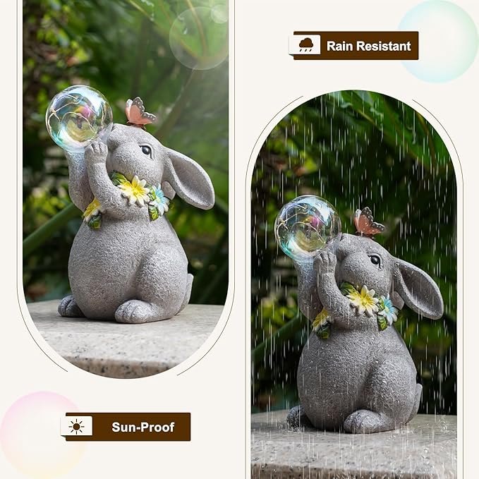 MININOVA Solar Garden Decor Lights Rabbit Statue with Bubble Ball Waterproof Decorations Cute Bunny Figurine for Outside Spring Yard Housewarming Mother Gifts for Women