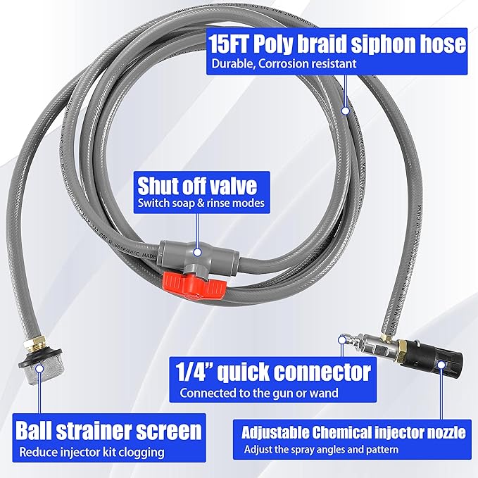 Adjustable Long Range Nozzle for Pressure Washer 3-3.5 GPM, Downstream Injection Spray Nozzle Kit, High Power Washing External Chemical Injector with 1/4” Quick Connect, 2000 to 3000 PSI