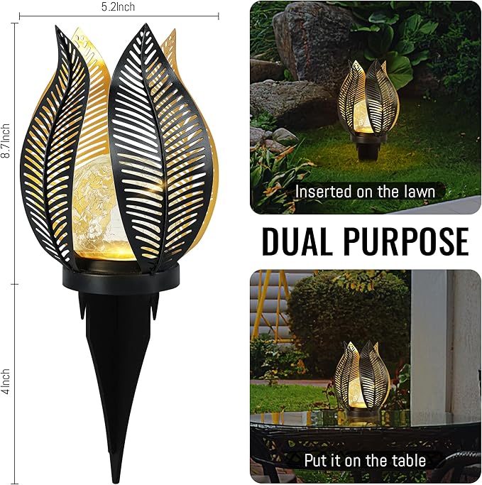 Solar Garden Lights Waterproof Decorations,Crackle Globe Glass,Metal Palm Leaf Solar Lights for Outdoor Decor On Garden,Patio,Yard,Front Porch,Tabletop Lamp-Perfect Gifts