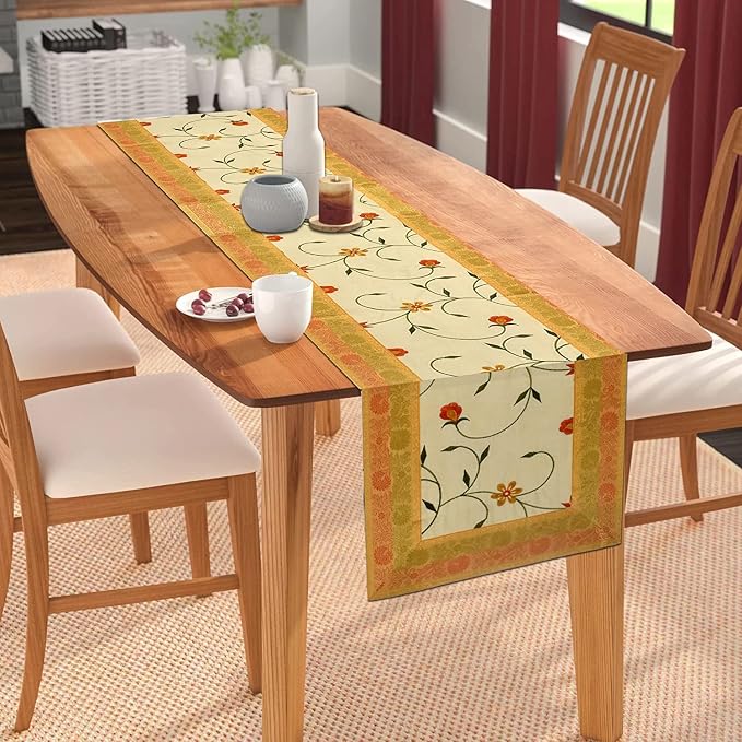 Hand Embroidered Silk Table Runner, Cream Floral Vine Design Decorative Table Linen for Dining Table, Kitchen, Coffee Table, Console, Wedding Reception, Birthday & Home Décor, 60 x 16 Inches