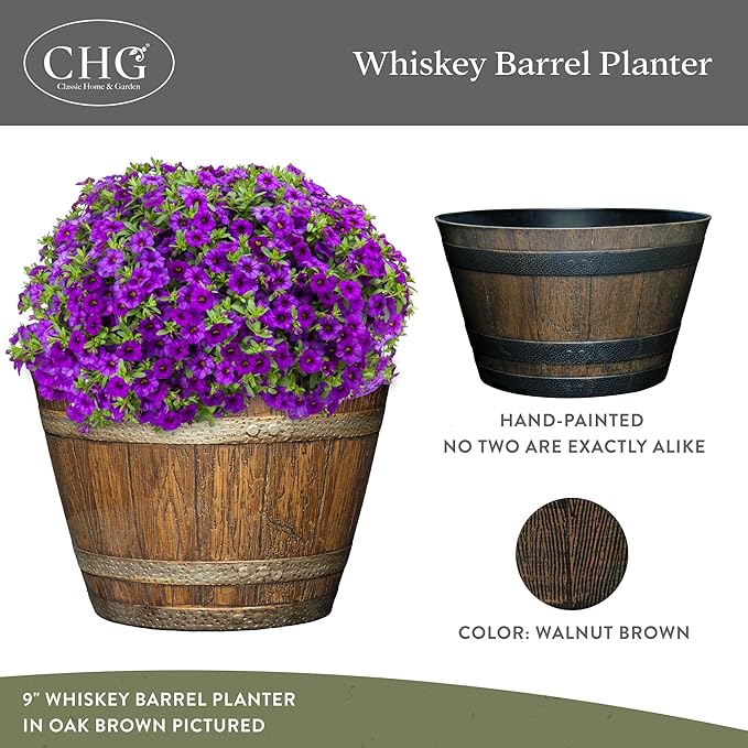 Classic Home and Garden Outdoor Whiskey Resin Flower Pot Barrel Planter, Walnut Brown, 20.5" (2 Pack)