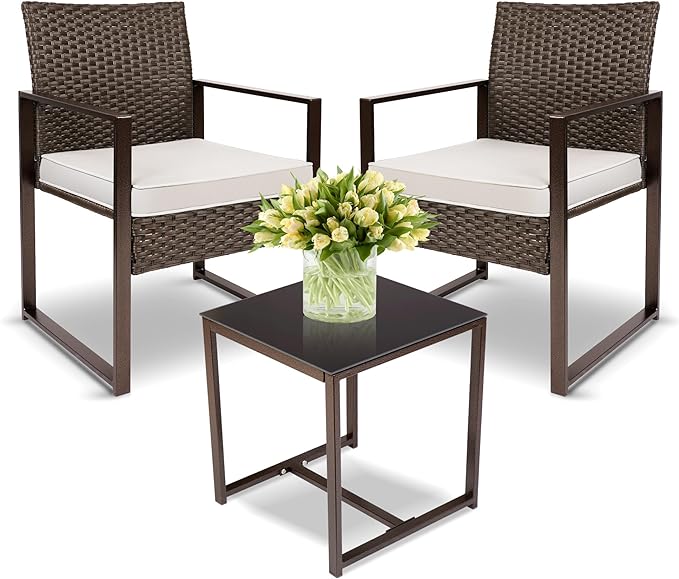 YIYAN Patio Furniture Set 3 Pieces Outdoor Rattan Chair Wicker Sofa Garden Conversation Bistro Sets with Coffee Table,Comfortable Washable Cushions (White)
