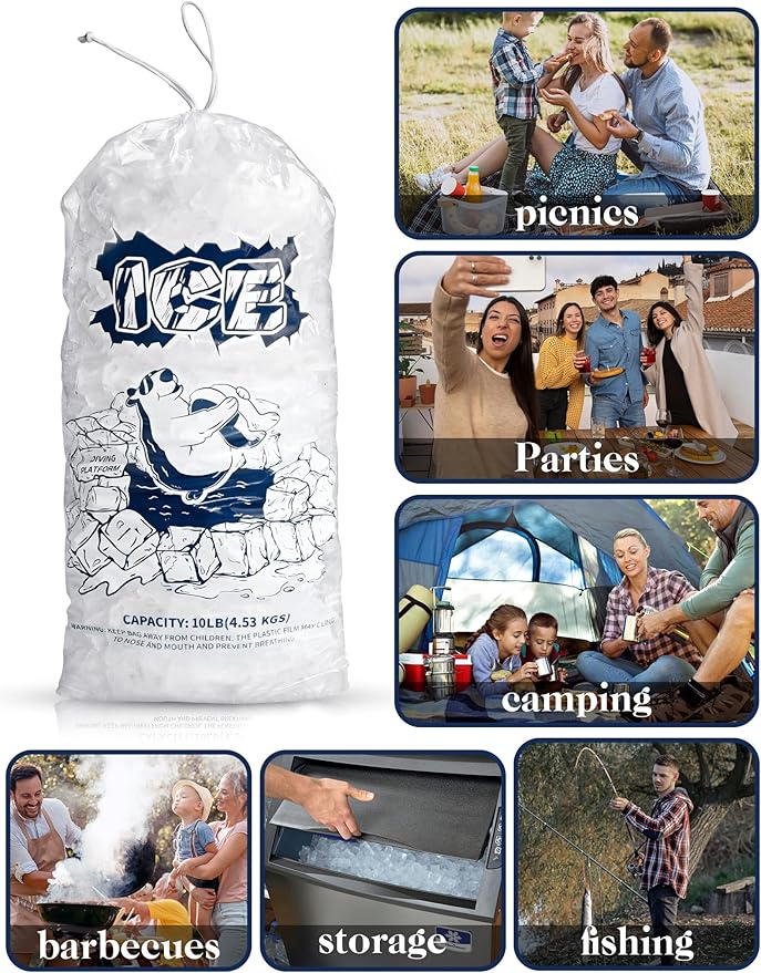 Ice Bags 5lb with Drawstring,100 Pack Plastic Ice Bags for Ice Storage