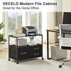 VECELO 3 Mobile File Cabinet Rolling Printer Stand with Open Shelf, Fabric Lateral Storage Station for Home Office,Drawer Adapts Letter Size Hanging Folders, Black