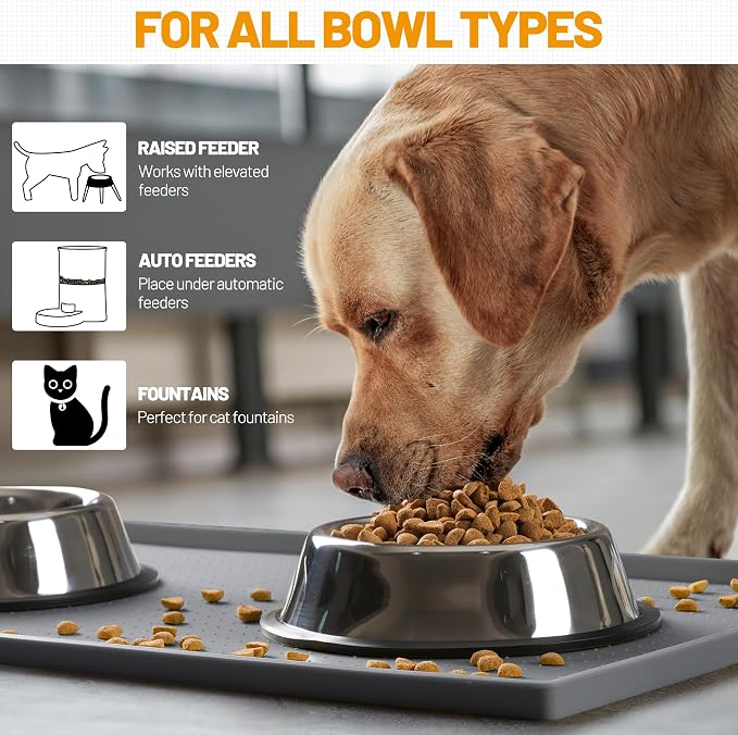Hubulk Dog Feeding Mat,100% Waterproof Food Grade Silicone Pet Food and Water Bowl Placemat,Dishwasher, High Raised Edge to Prevent Spills,Nonslip Tray to Stop Messes on Floor（28"x18"x0.8", Grey）