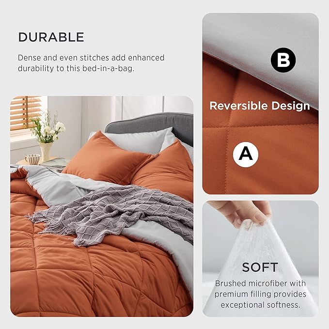 Bedsure Burnt Orange Queen Comforter Set - 7 Pieces Reversible Queen Bed in a Bag Queen Bed Set with Comforters, Sheets, Pillowcases & Shams, Queen Bedding Sets
