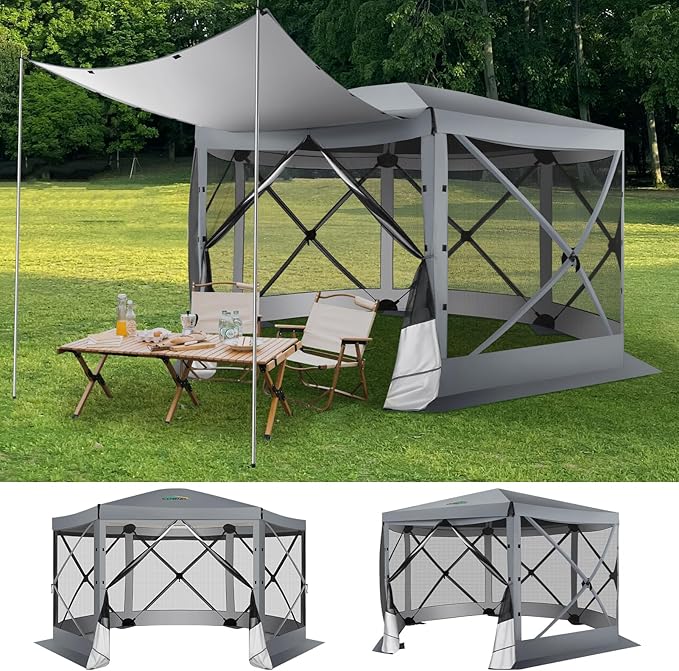 COBIZI 12x12 Pop up Gazebo Screen House Tent for Camping, Outdoor Canopy with Removable Roof&Mosquito Netting, Portable Hub with Carrying Bag and Ground Stakes, Grey