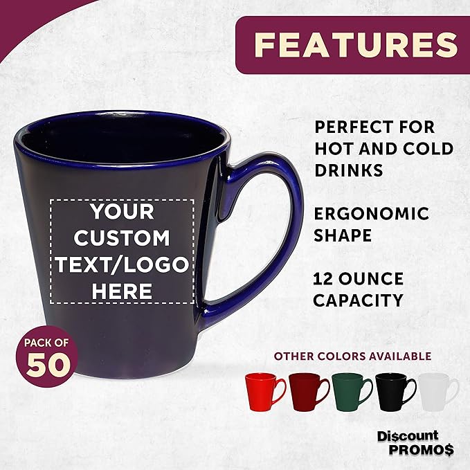 DISCOUNT PROMOS Custom Glossy Ceramic Latte Coffee Mug 12 oz. Set of 50, Personalized Bulk Pack - Perfect for Tea, Espresso, Cappuccino, Hot Cocoa - Blue