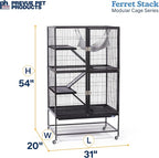 Prevue Pet Products Ferret Stack Two Story Ferret Home - Portable Stand, Escape Proof Lock, Includes Hammock & Ramps, Expandable Two Story Cage Stacking System with Wheels - Black