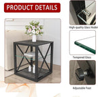 Farmhouse End Table Set of 2, Modern Side Table with 3-Tier Storage Shelf, Square Rustic Nightstand, Accent Tea Table, for Bedroom Office Living Room, Grey, Natural Wood, Glass, Metal