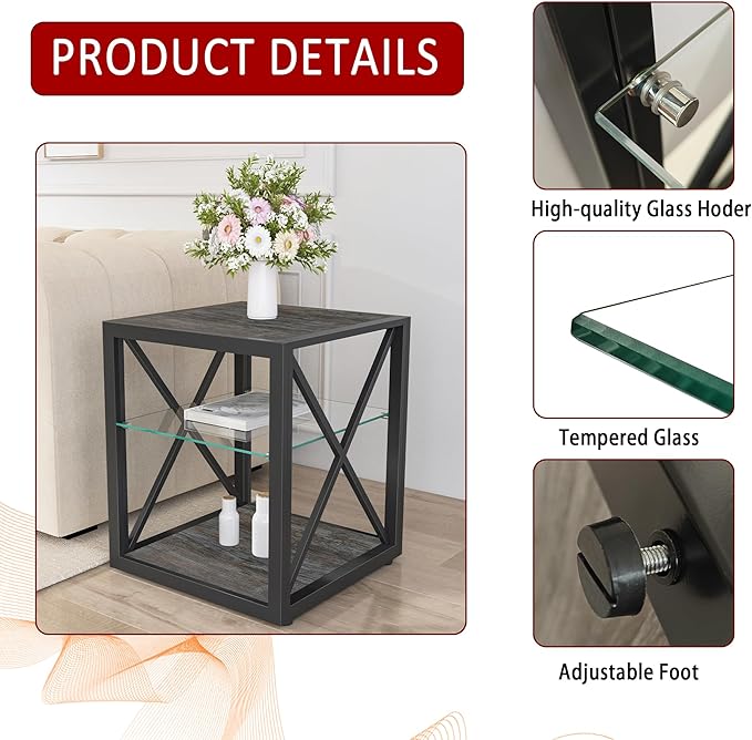 Farmhouse End Table Set of 2, Modern Side Table with 3-Tier Storage Shelf, Square Rustic Nightstand, Accent Tea Table, for Bedroom Office Living Room, Grey, Natural Wood, Glass, Metal