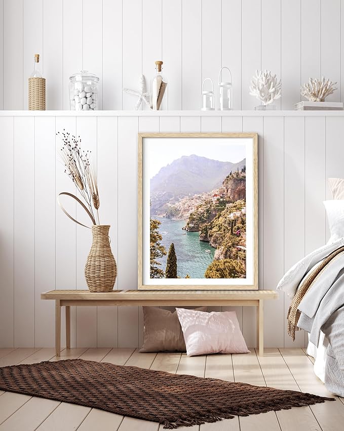 HesenDot Natural OAK Wood Framed Italy Coastal Wall Art,12x16in Amalfi Coast Canvas Wall Print,Positano Seascape Boho Poster Wall Decor for Living Room,Bedroom,Office Gallery Set of 1