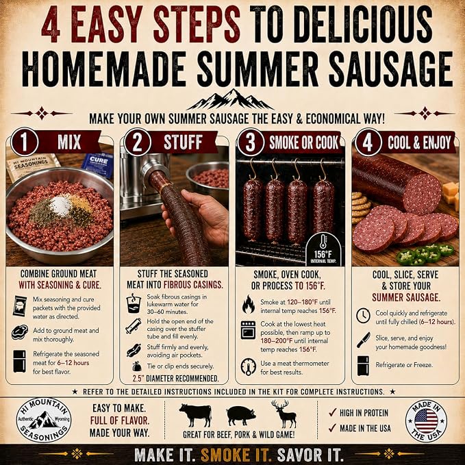 Hi Mountain CRACKED PEPPER 'N GARLIC Summer Sausage Kit | Complete sausage seasoning kit. Includes: Seasoning, cure & 10 casings. Beef, pork, venison, deer, elk. Makes up to 30 lbs