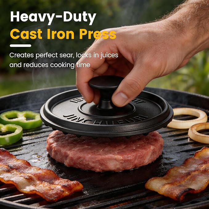 Cast Iron Skillet Set 10 Inch Pre-Seasoned Frying Pan with Burger Press | 8 Inch Grooved Smash Burger Press for Bacon, Heavy Duty Grill Pan for Gas Stove, Oven, BBQ and Campfire