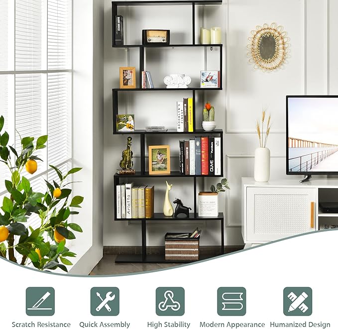 BETTARY 6-Tier Bookshelf, Freestanding S-Shaped Geometric Display Shelf, Modern Tall Bookcase for Home Office, Living Room, Bedroom, Black