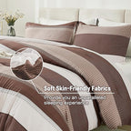 Litanika Brown Comforter Set King - 3 Pieces Lightweight Brown White Colorblock Stripe Fluffy Bedding Comforter Sets, All Season Bed Set