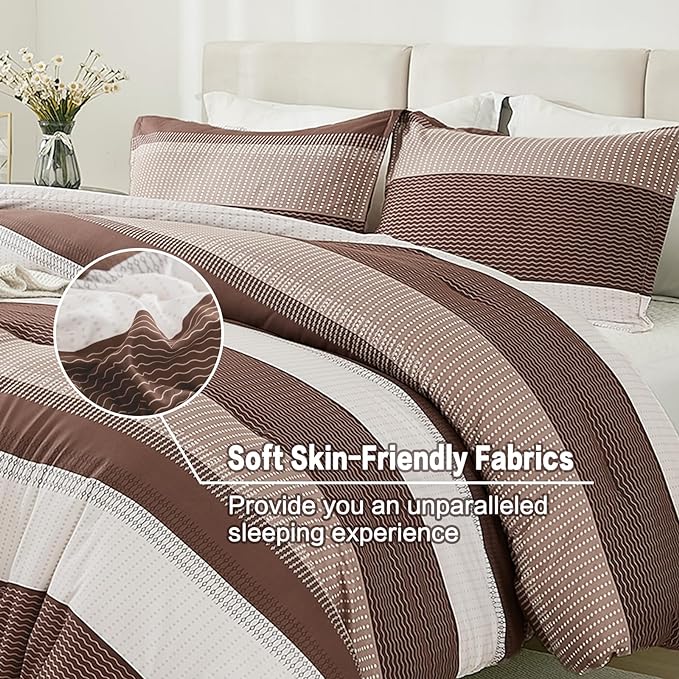 Litanika Brown Comforter Set King - 3 Pieces Lightweight Brown White Colorblock Stripe Fluffy Bedding Comforter Sets, All Season Bed Set