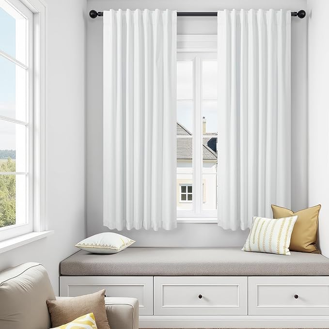 Elegant White Room Darkening Curtains 63 Inch Long Small Bay Window Full Blackout Dining Room Curtains Linen 63 Inch Length 2 Panels Privacy Insulated Bedroom Drapes for Living Room Divider Back Tab